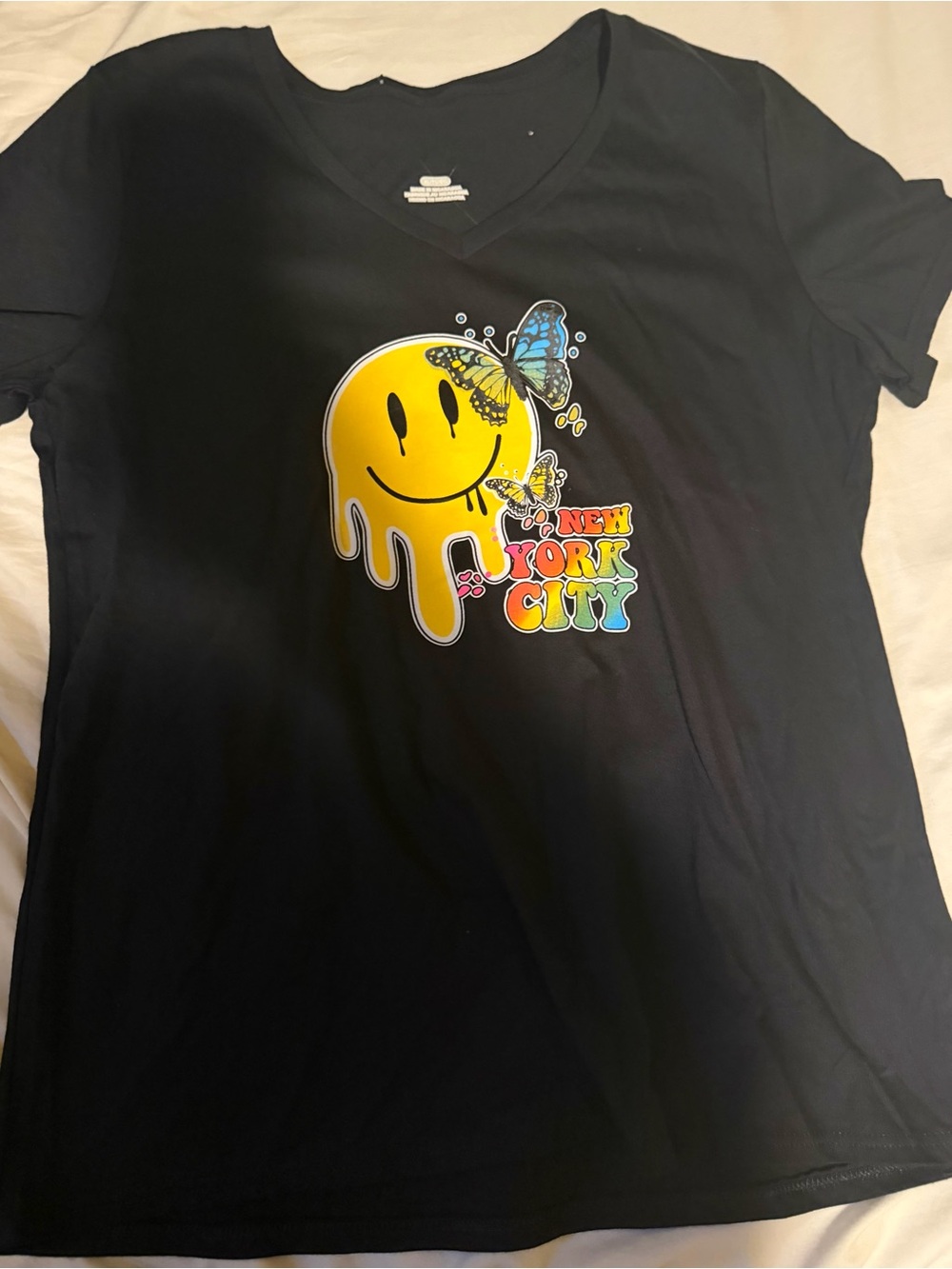 Black Short-Sleeve Tee with Yellow Melting Smile Graphic